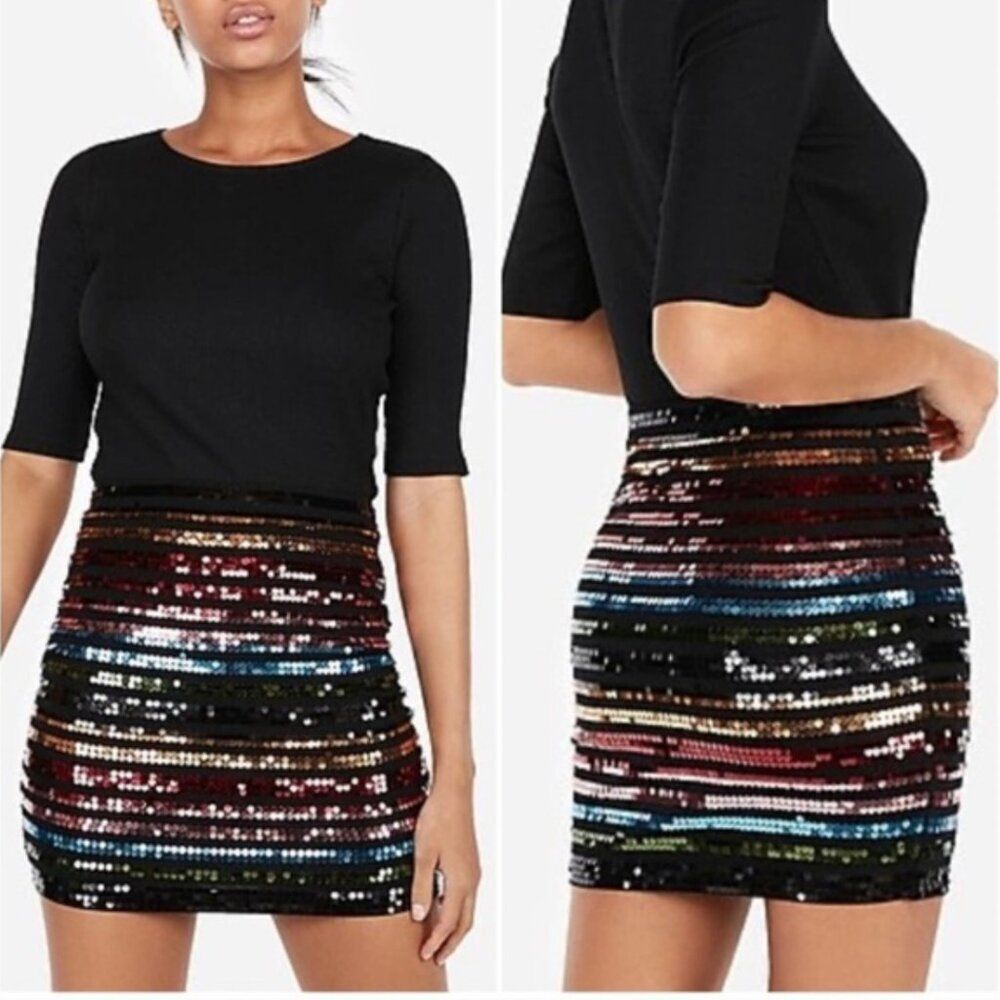EXPRESS Sequin Rainbow Striped Miniskirt Bodycon Mini  Size XXS PRIDE  Sexy - Picture 3 of 7